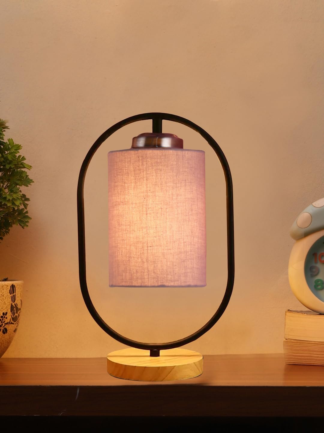 Grey Cotton Drum Wooden & Iron Table Lamp -17 Inch Height -G