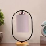Grey Cotton Drum Wooden & Iron Table Lamp -17 Inch Height -G