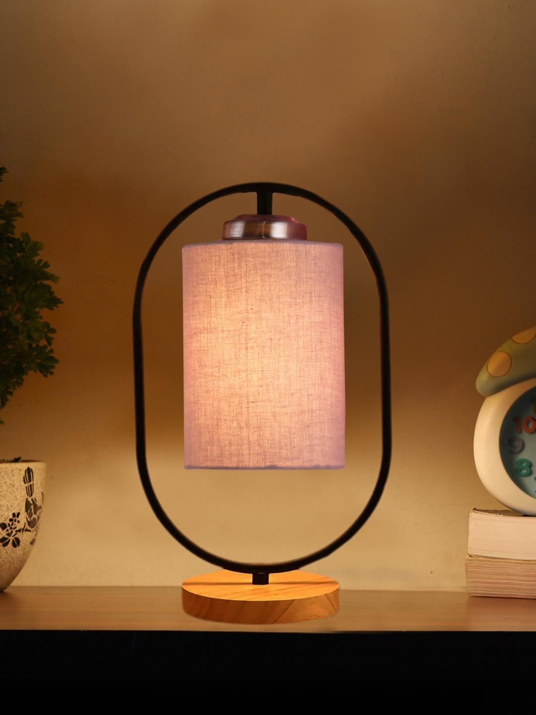 Grey Cotton Drum Wooden & Iron Table Lamp -17 Inch Height -G