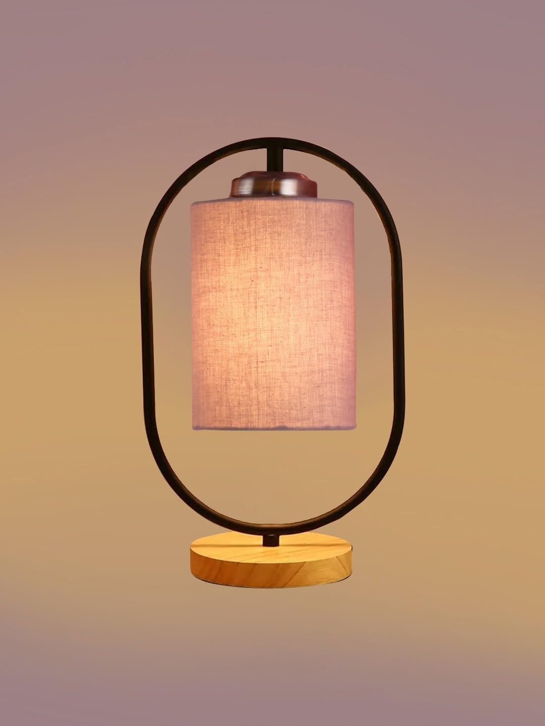 Grey Cotton Drum Wooden & Iron Table Lamp -17 Inch Height -G