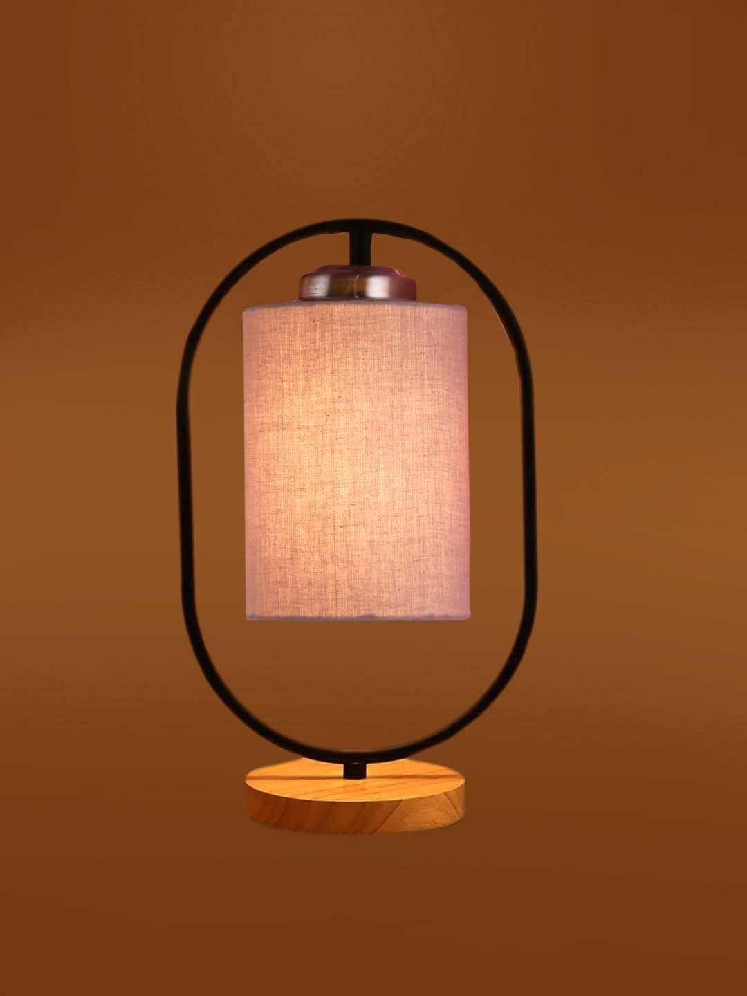 Grey Cotton Drum Wooden & Iron Table Lamp -17 Inch Height -G
