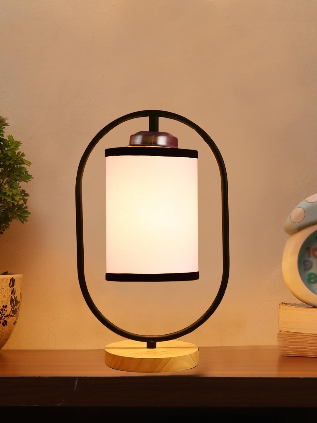 White & Black Cotton Drum Wooden & Iron Table Lamp -17 Inch Height -F