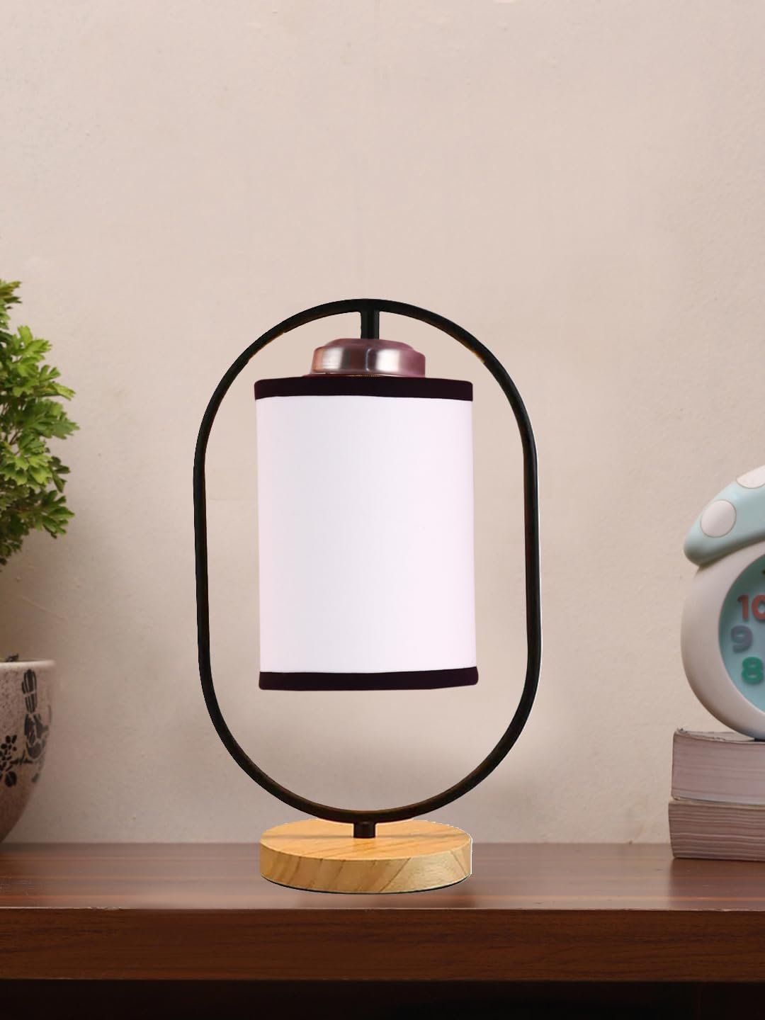 White & Black Cotton Drum Wooden & Iron Table Lamp -17 Inch Height -F