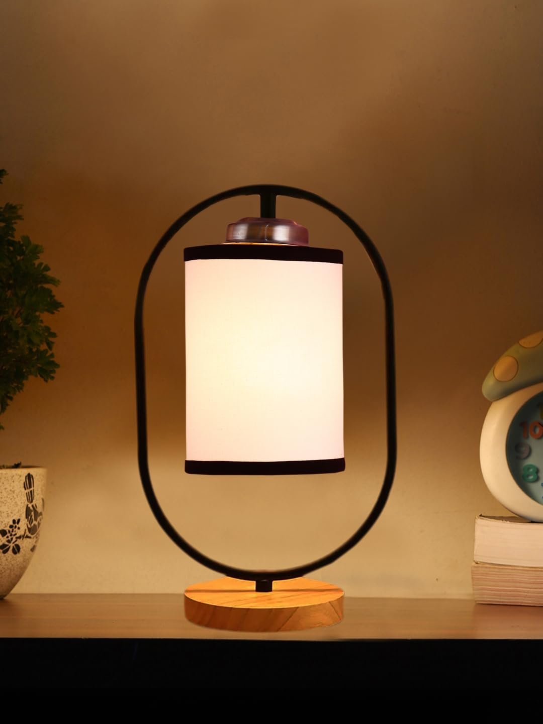 White & Black Cotton Drum Wooden & Iron Table Lamp -17 Inch Height -F