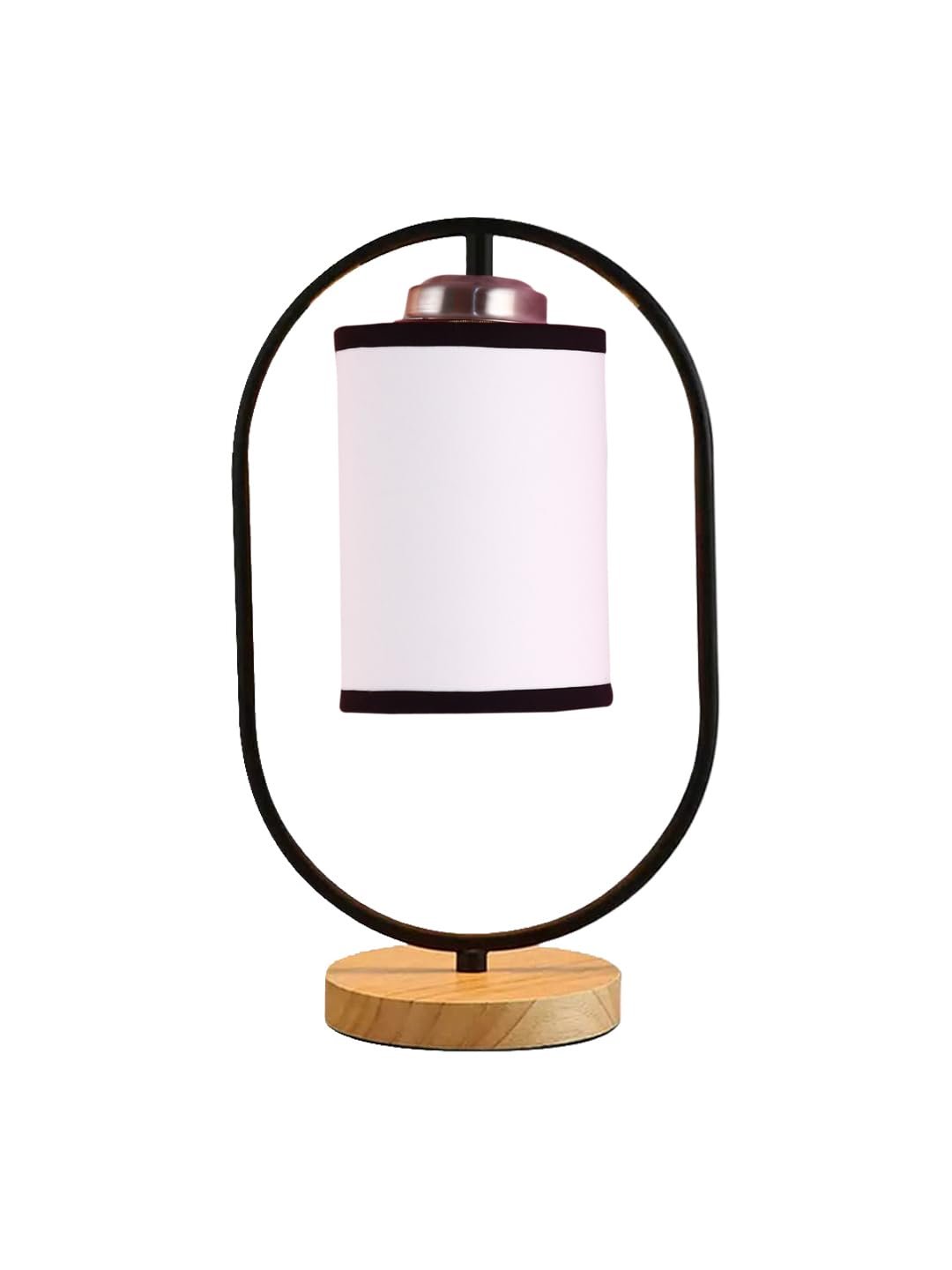 White & Black Cotton Drum Wooden & Iron Table Lamp -17 Inch Height -F
