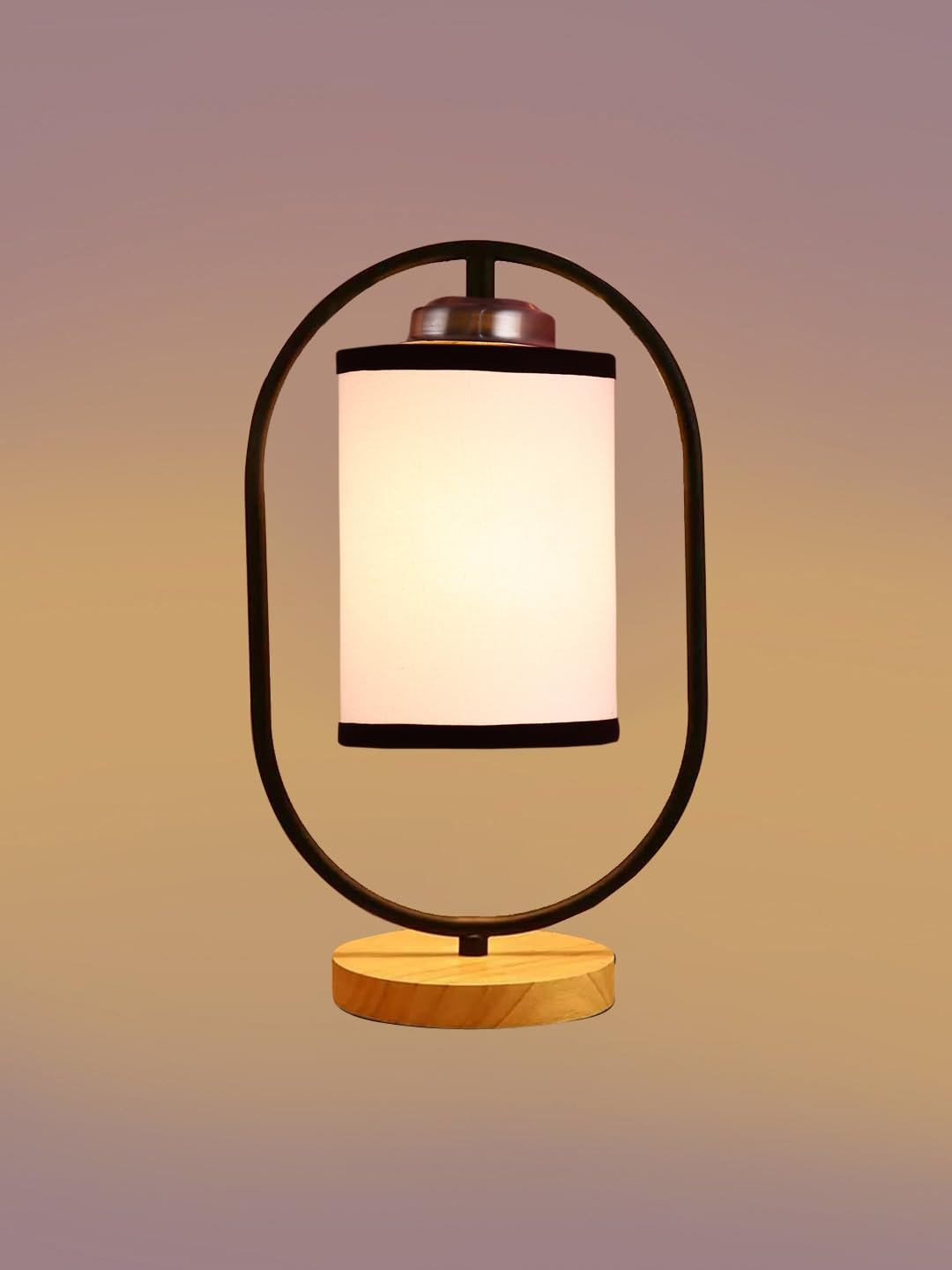 White & Black Cotton Drum Wooden & Iron Table Lamp -17 Inch Height -F