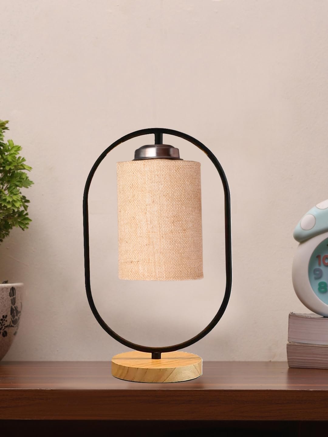 Beige Jute Drum Wooden & Iron Table Lamp -17 Inch Height -I