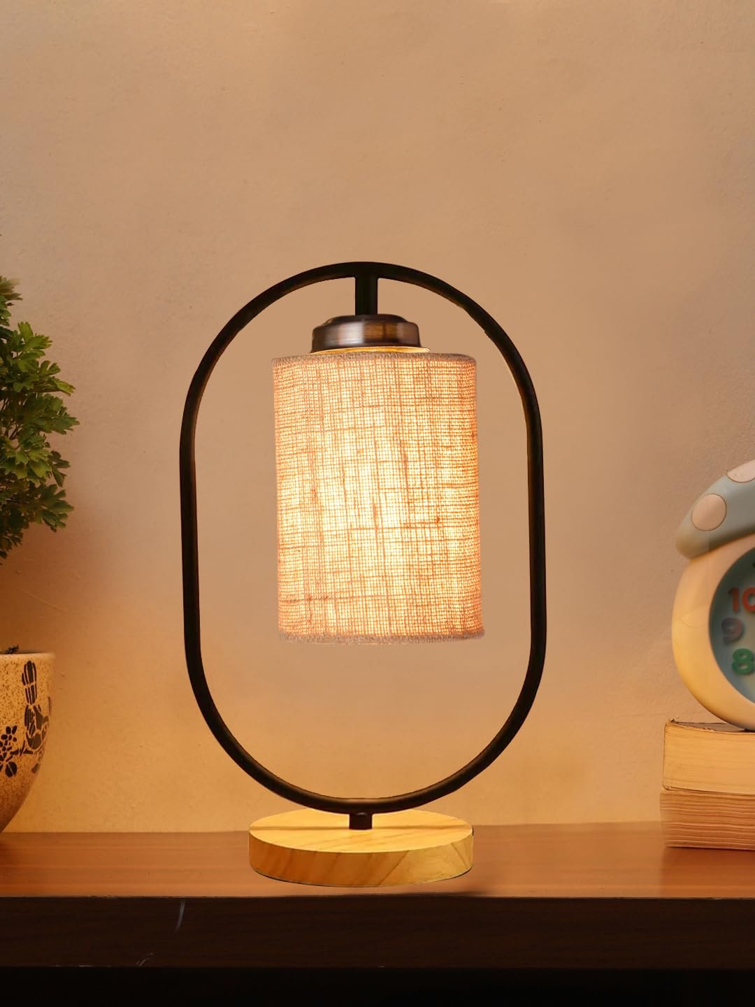 Beige Jute Drum Wooden & Iron Table Lamp -17 Inch Height -I