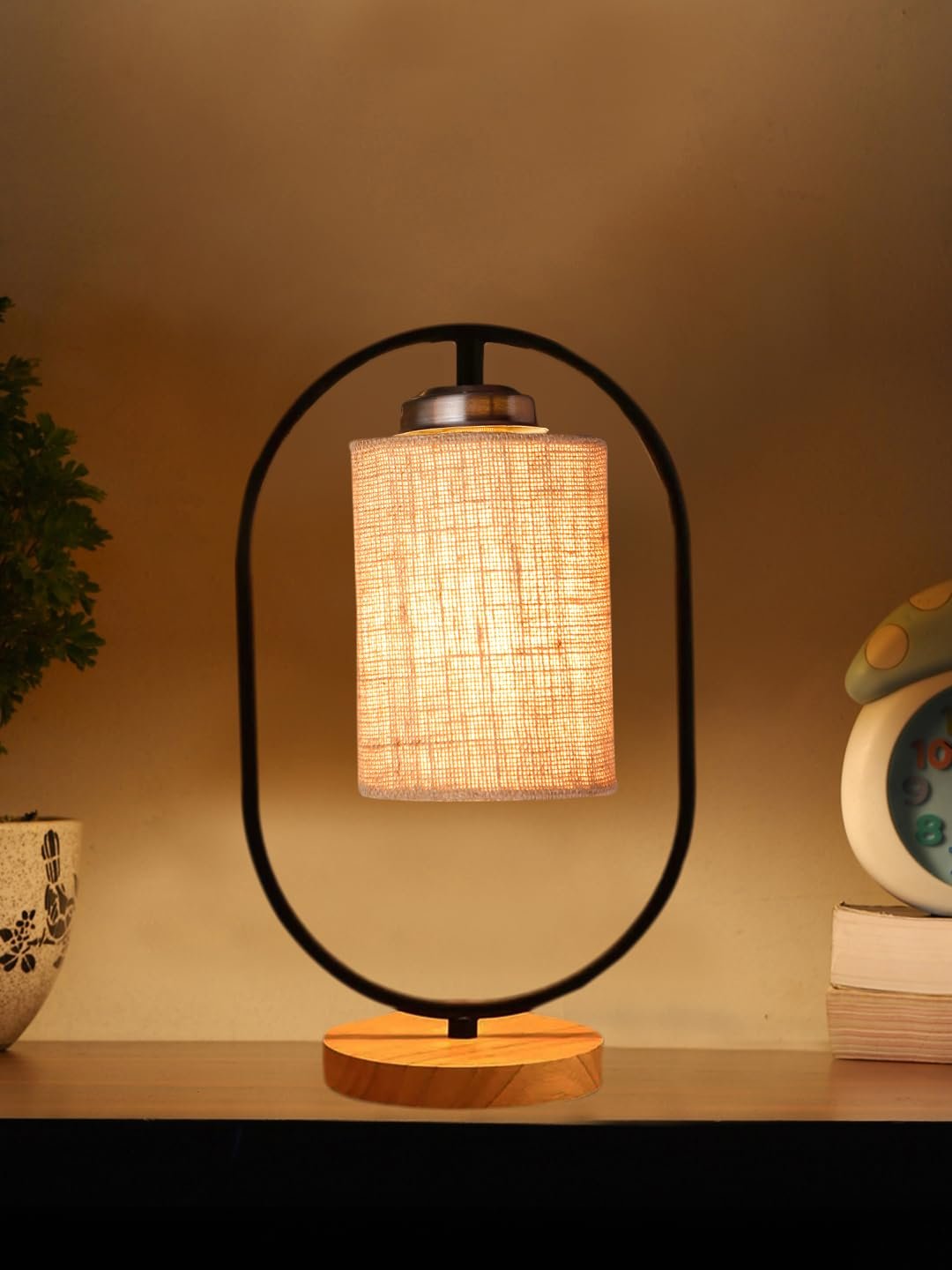 Beige Jute Drum Wooden & Iron Table Lamp -17 Inch Height -I