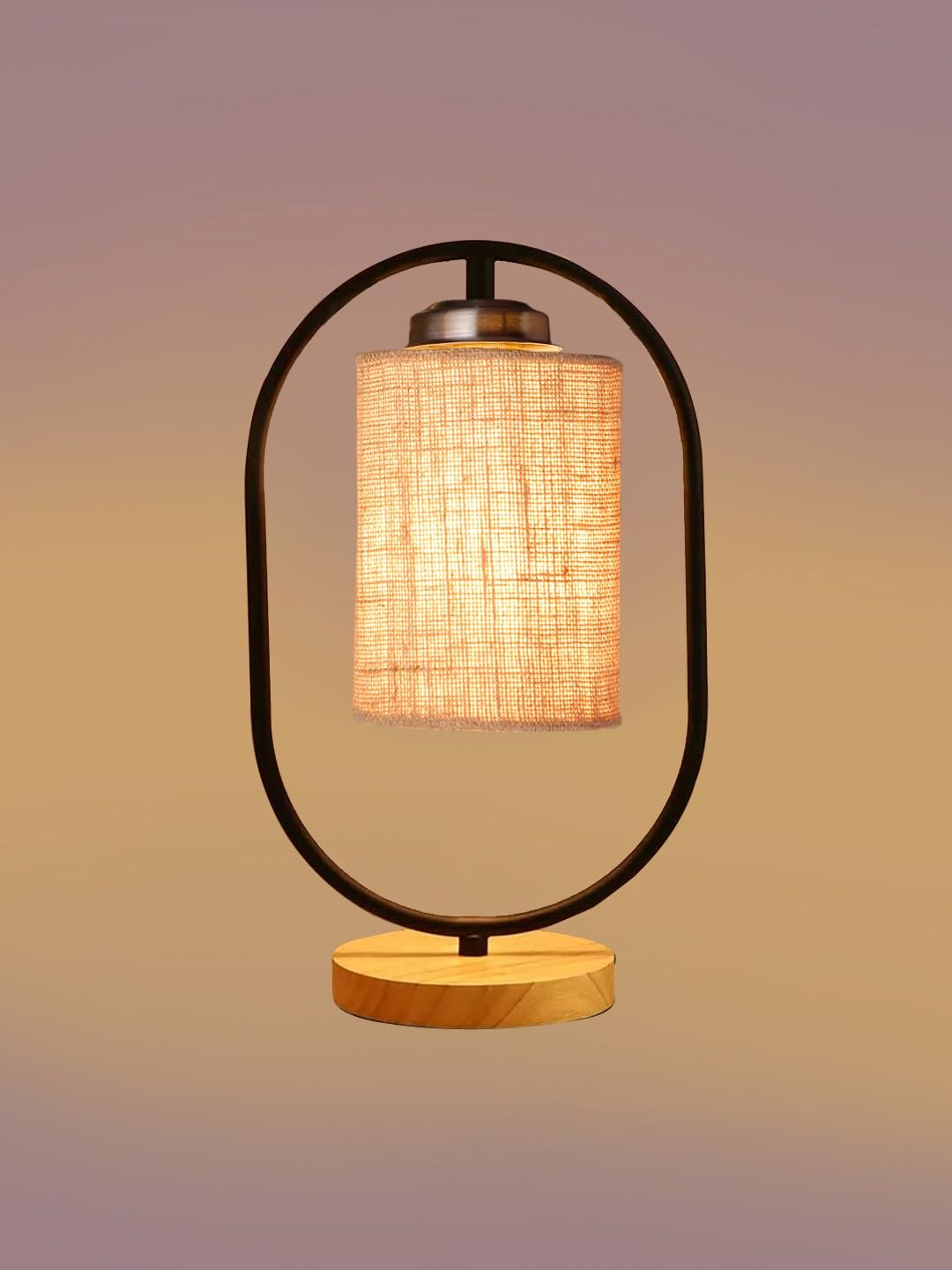 Beige Jute Drum Wooden & Iron Table Lamp -17 Inch Height -I