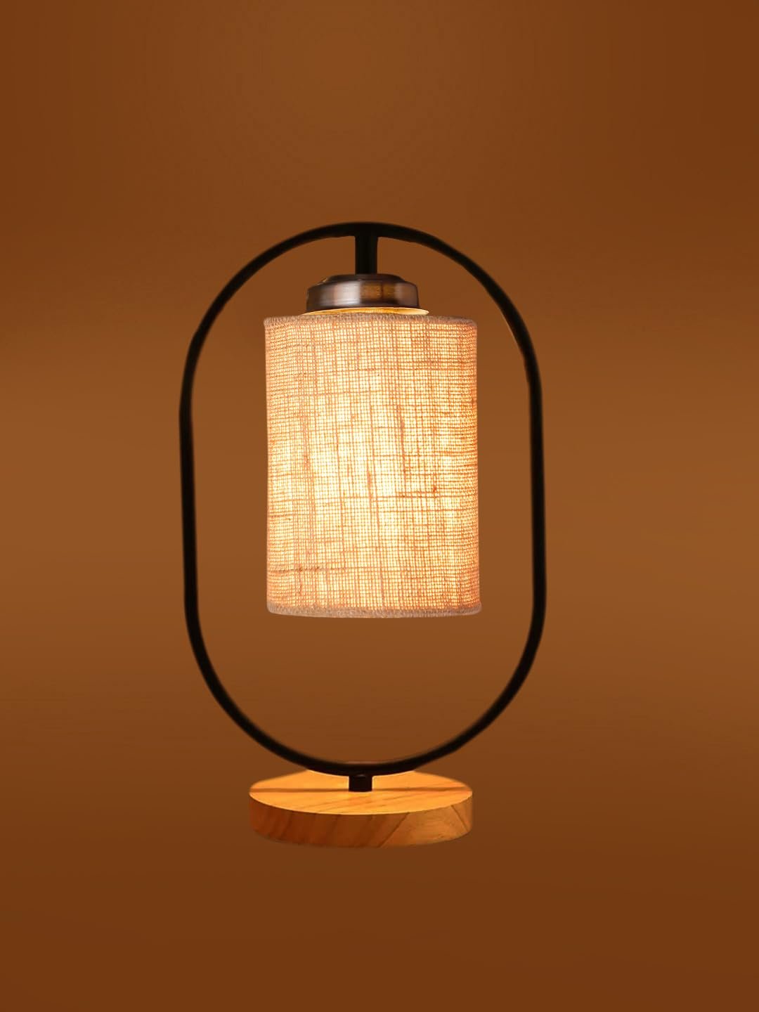 Beige Jute Drum Wooden & Iron Table Lamp -17 Inch Height -I