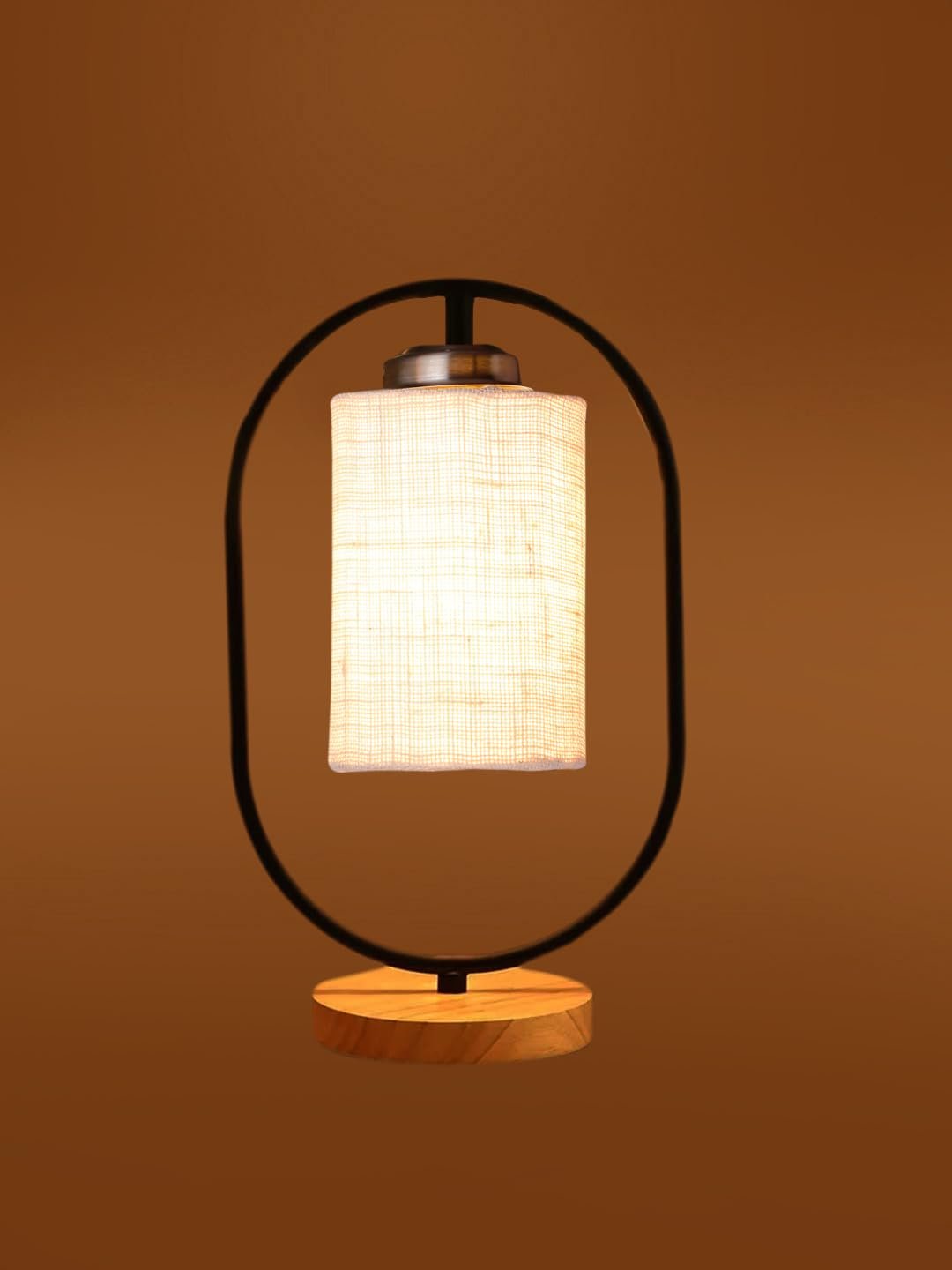 White Jute Drum Wooden & Iron Table Lamp -17 Inch Height -J