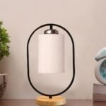 White Jute Drum Wooden & Iron Table Lamp -17 Inch Height -J