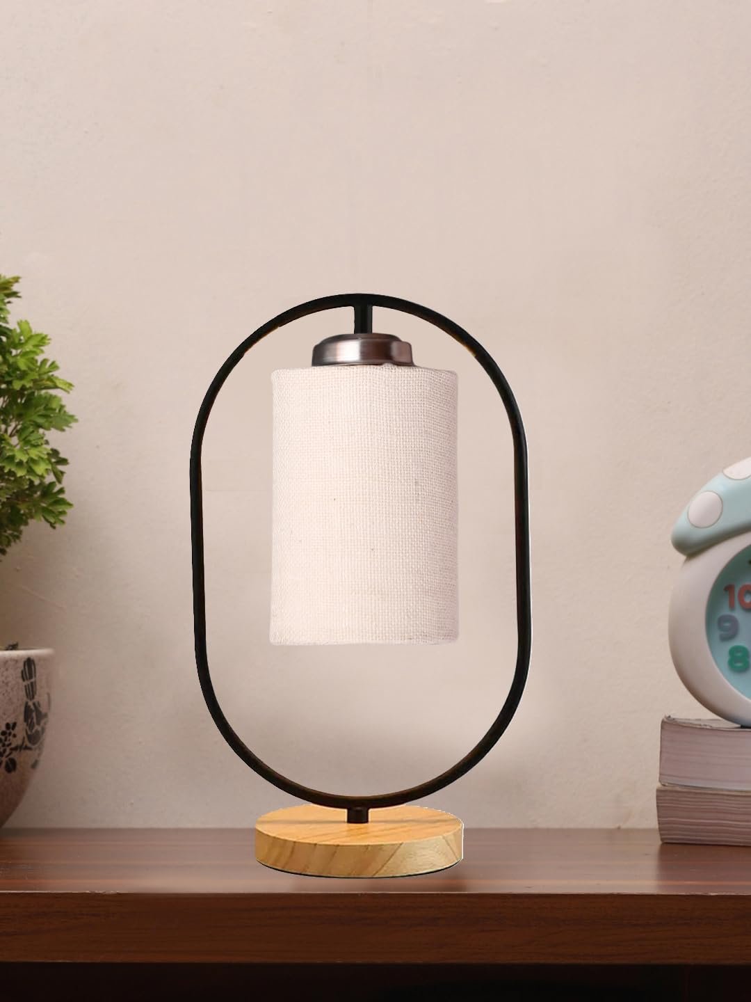 White Jute Drum Wooden & Iron Table Lamp -17 Inch Height -J