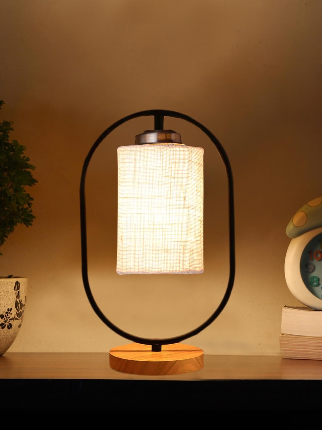 White Jute Drum Wooden & Iron Table Lamp -17 Inch Height -J