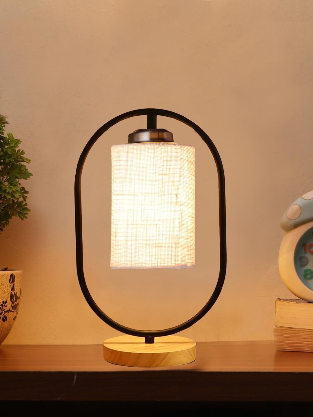 White Jute Drum Wooden & Iron Table Lamp -17 Inch Height -J