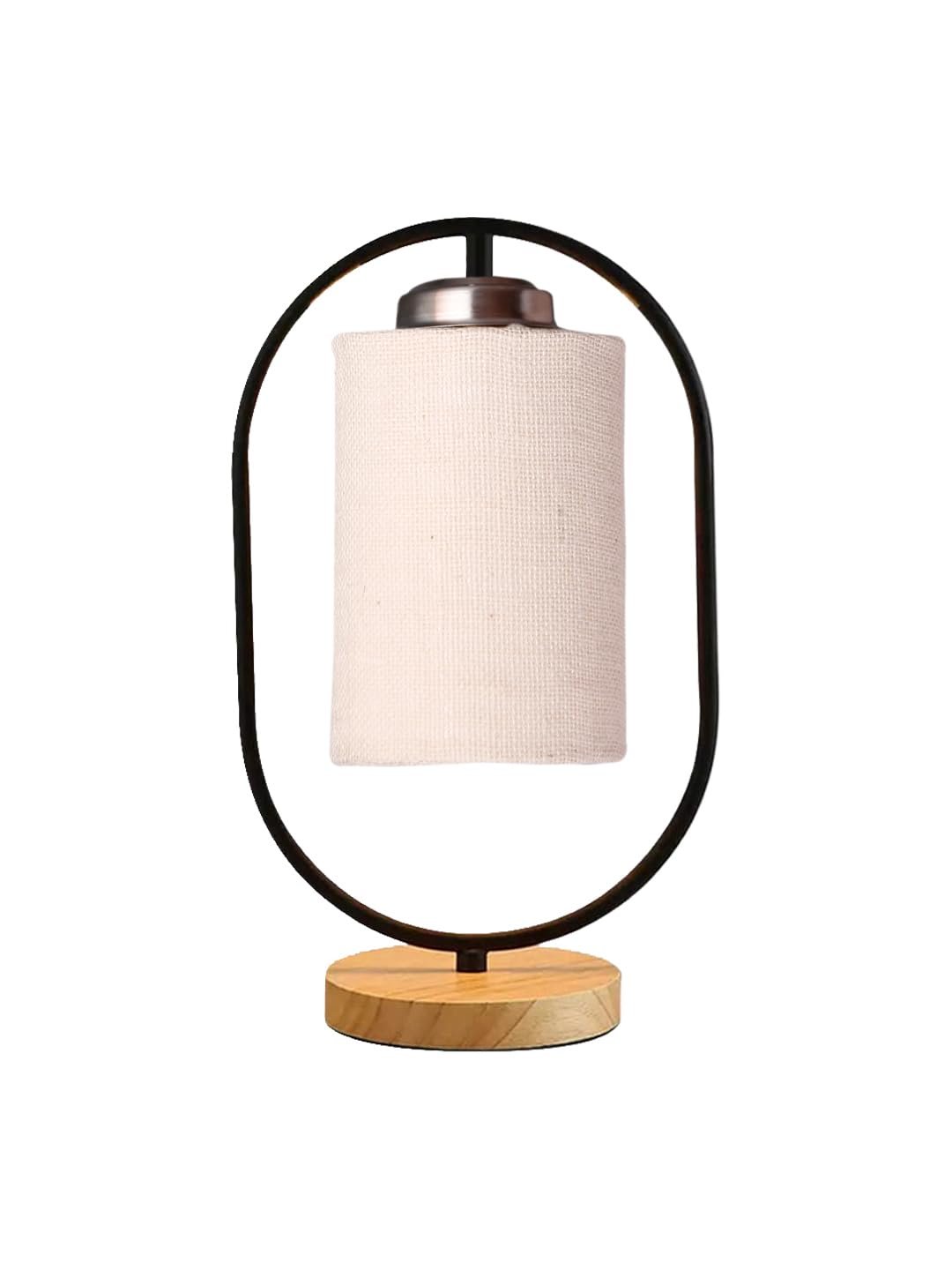 White Jute Drum Wooden & Iron Table Lamp -17 Inch Height -J