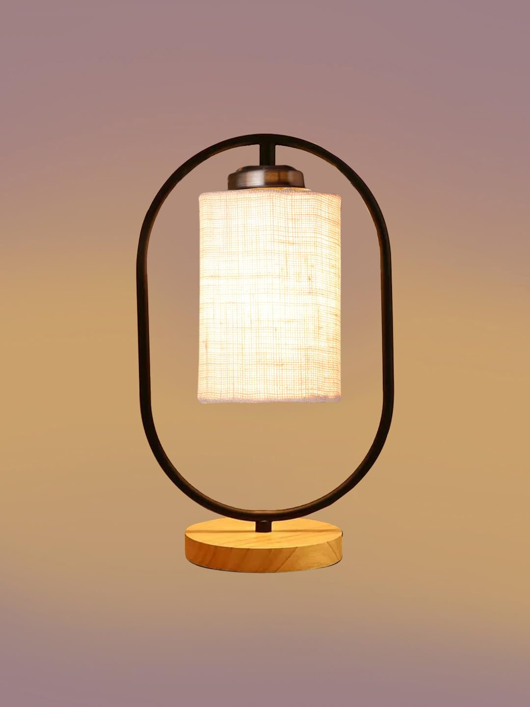White Jute Drum Wooden & Iron Table Lamp -17 Inch Height -J