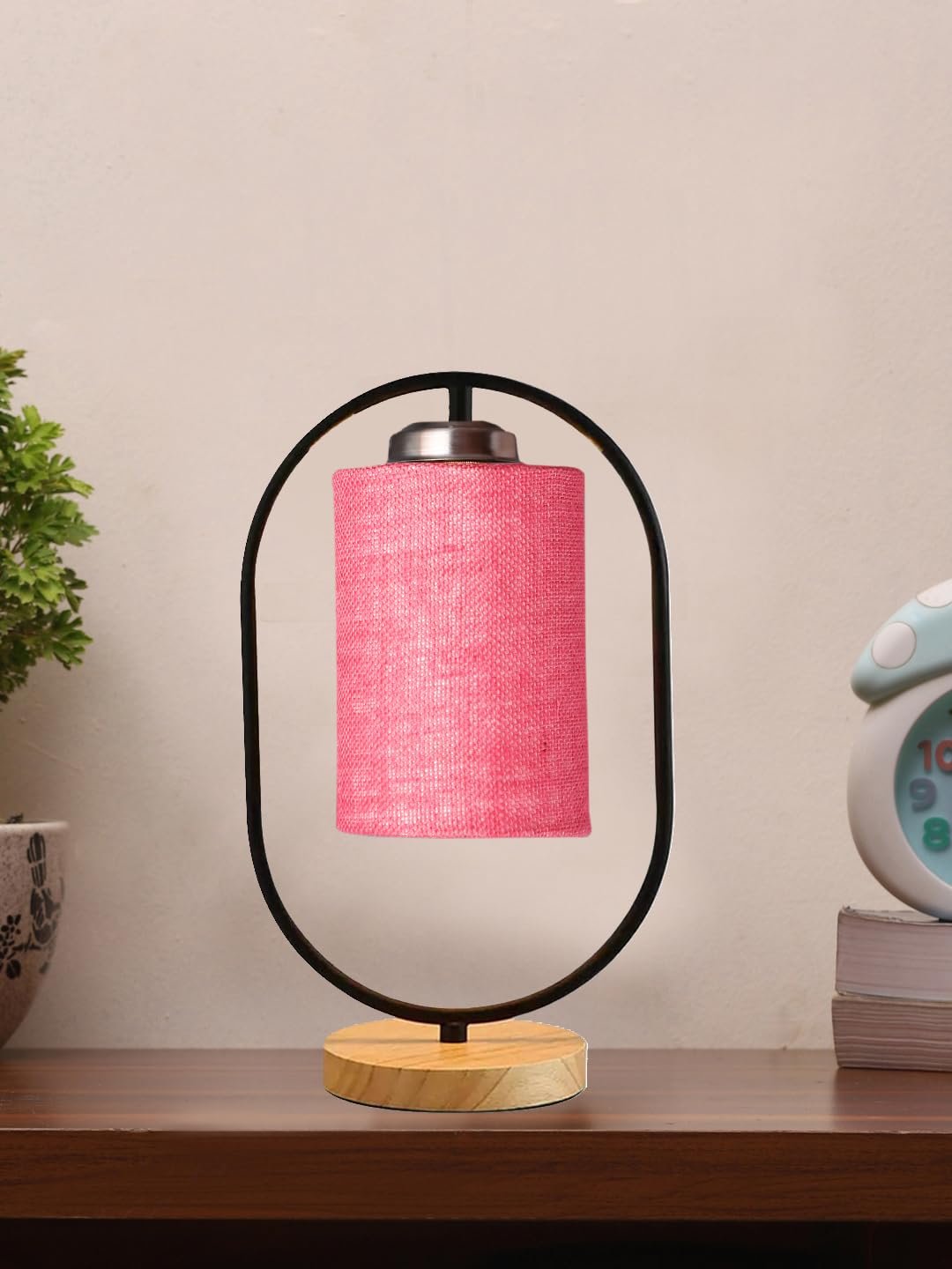 Pink Jute Drum Wooden & Iron Table Lamp -17 Inch Height -K