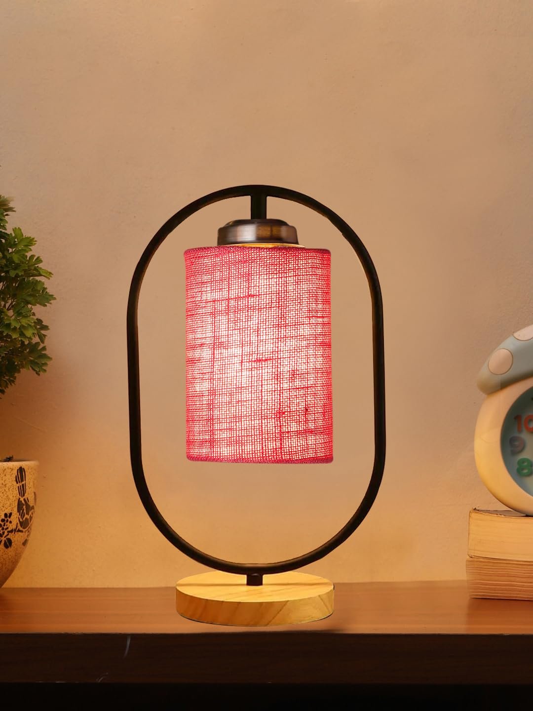 Pink Jute Drum Wooden & Iron Table Lamp -17 Inch Height -K