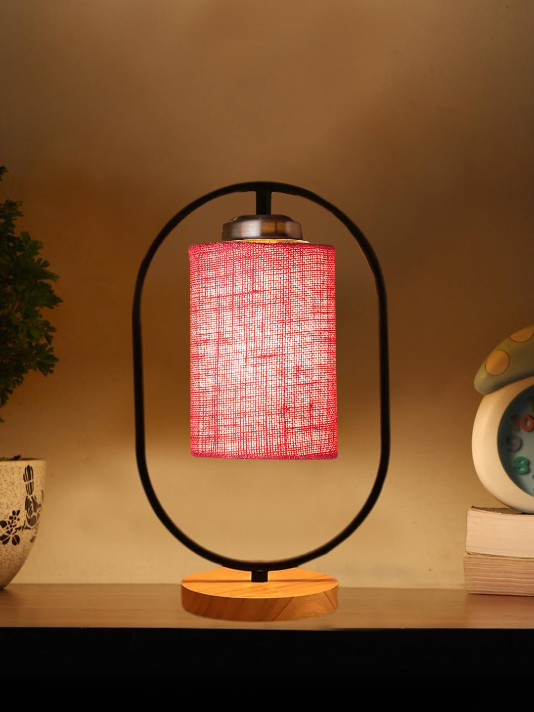 Pink Jute Drum Wooden & Iron Table Lamp -17 Inch Height -K