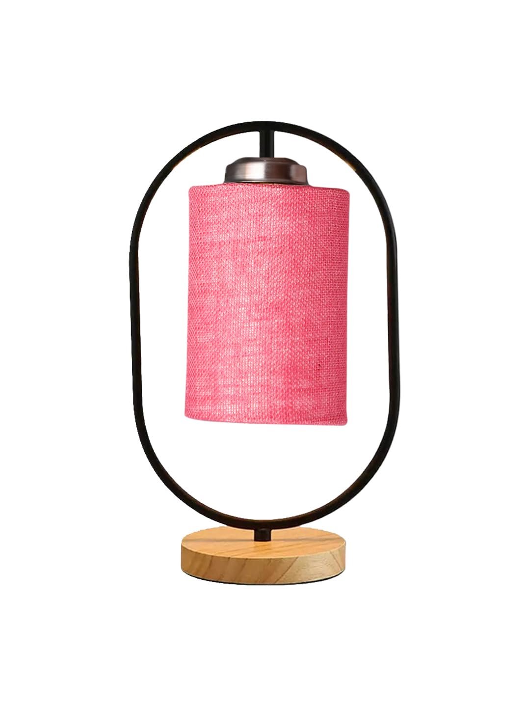 Pink Jute Drum Wooden & Iron Table Lamp -17 Inch Height -K