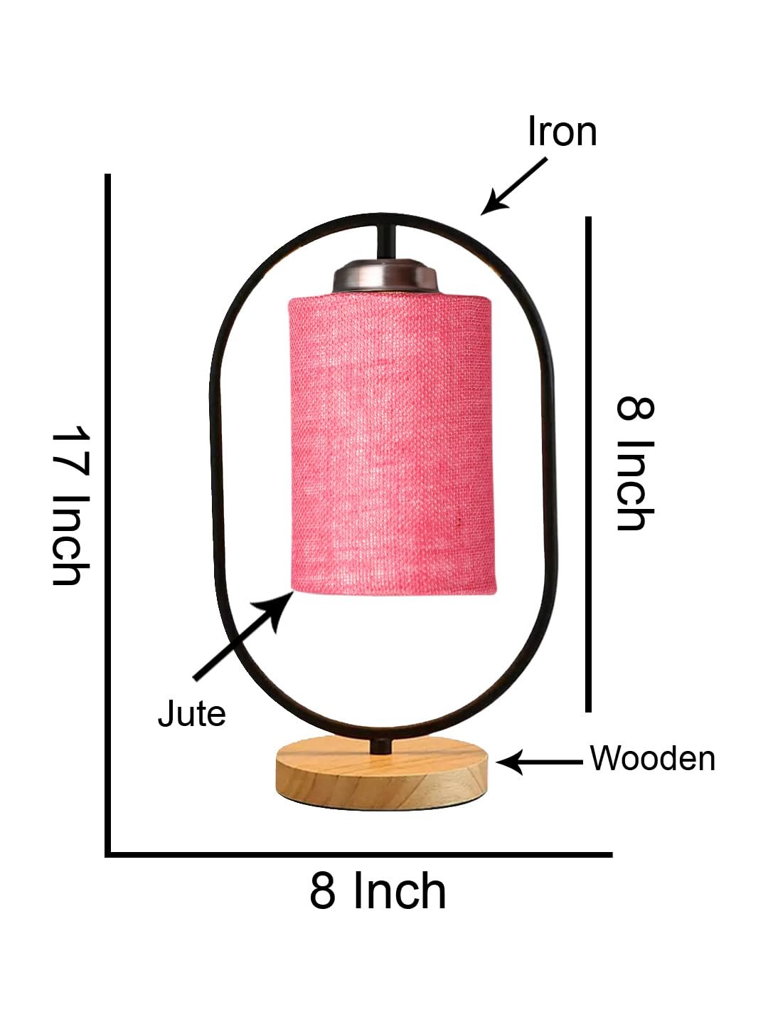 Pink Jute Drum Wooden & Iron Table Lamp -17 Inch Height -K