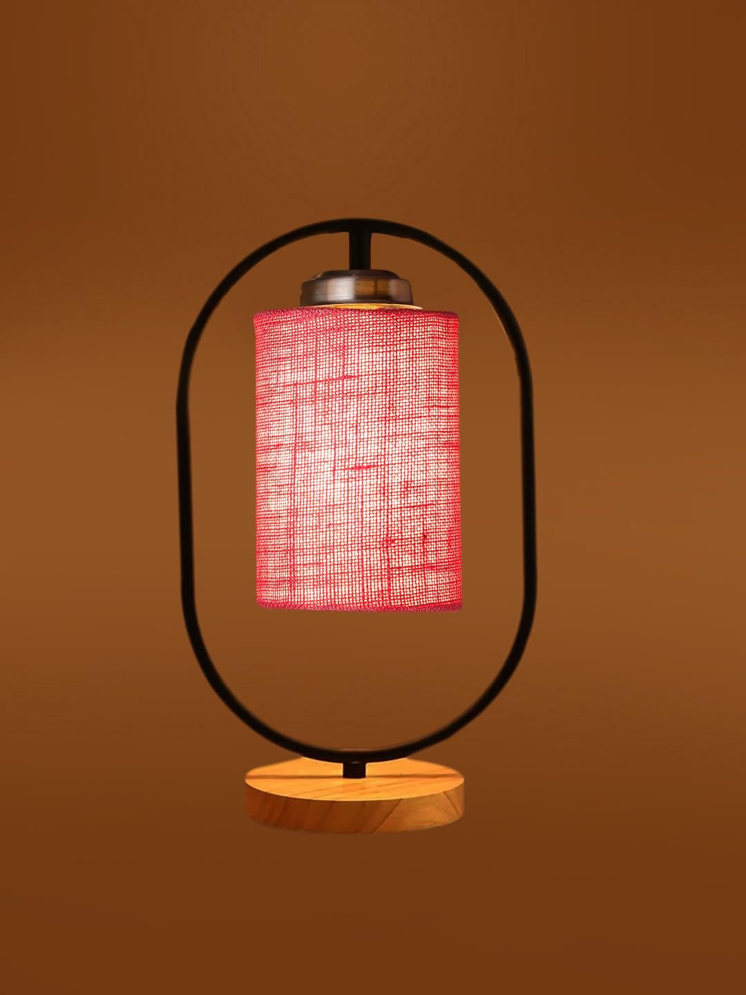 Pink Jute Drum Wooden & Iron Table Lamp -17 Inch Height -K