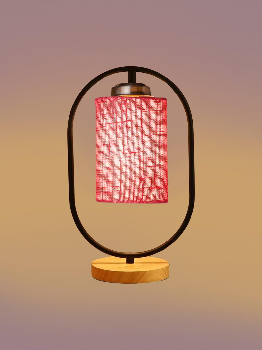 Pink Jute Drum Wooden & Iron Table Lamp -17 Inch Height -K