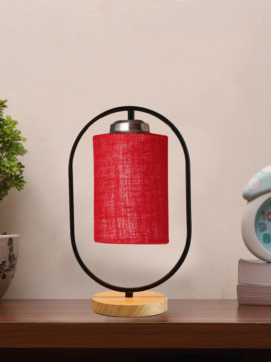 Maroon Jute Drum Wooden & Iron Table Lamp -17 Inch Height -L