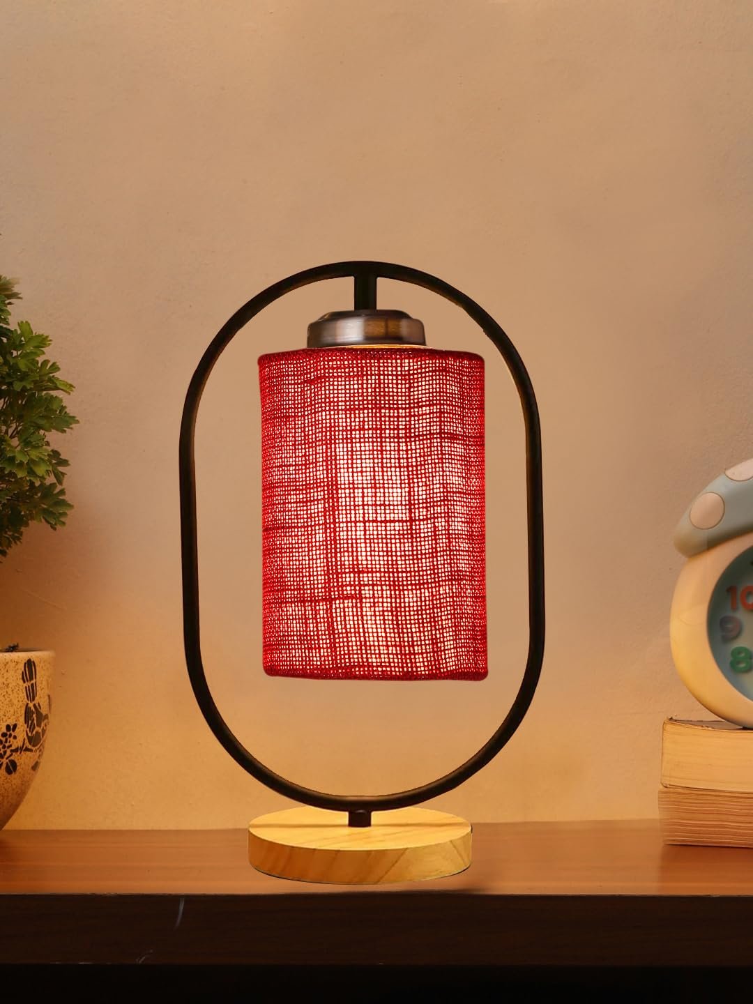 Maroon Jute Drum Wooden & Iron Table Lamp -17 Inch Height -L