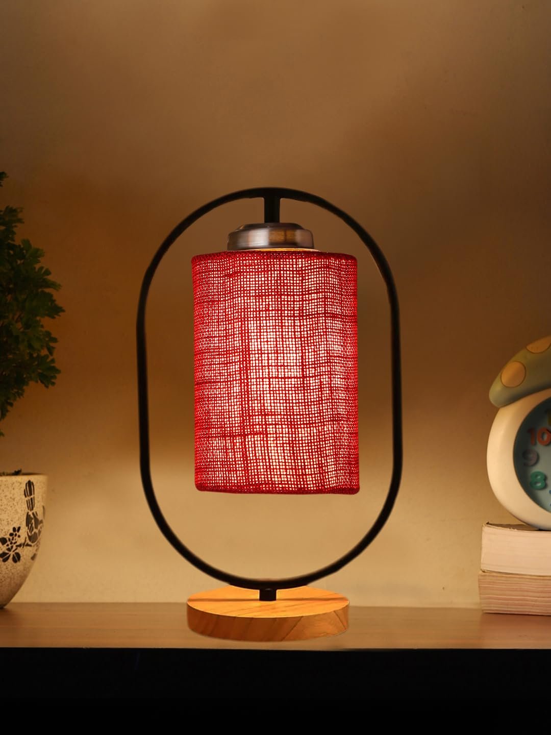 Maroon Jute Drum Wooden & Iron Table Lamp -17 Inch Height -L