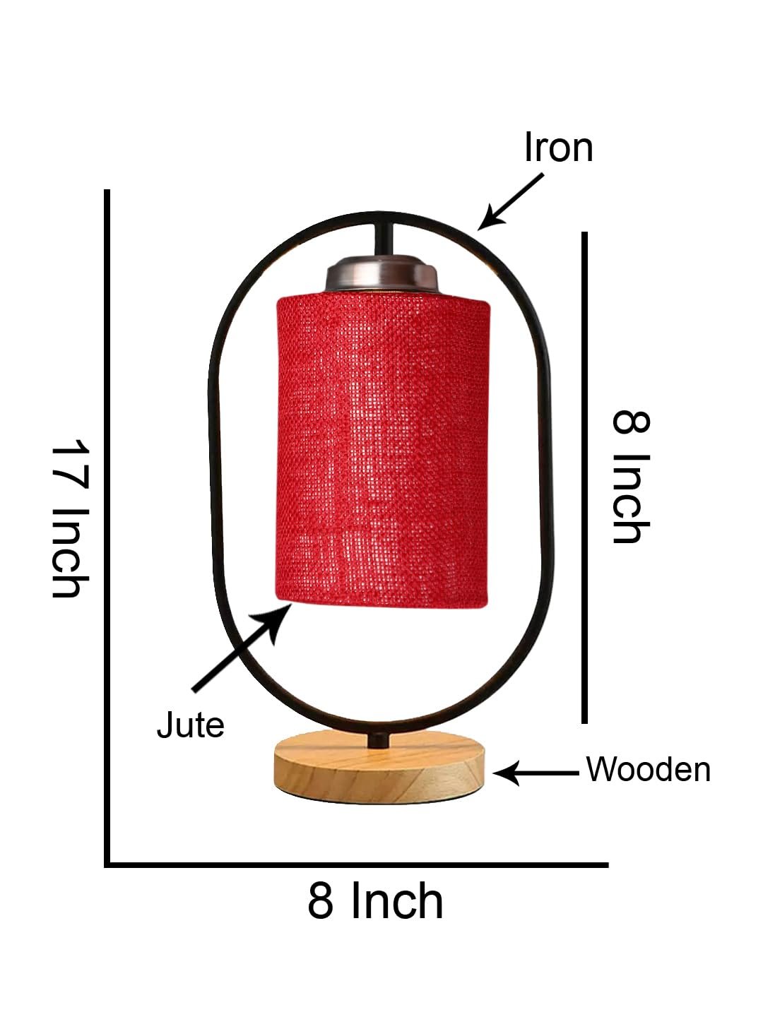 Maroon Jute Drum Wooden & Iron Table Lamp -17 Inch Height -L