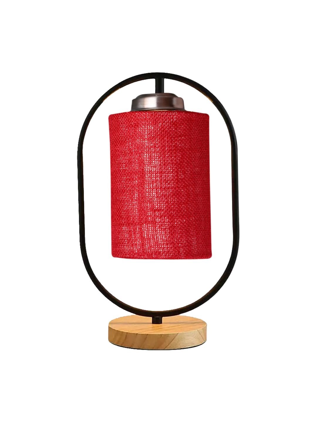 Maroon Jute Drum Wooden & Iron Table Lamp -17 Inch Height -L