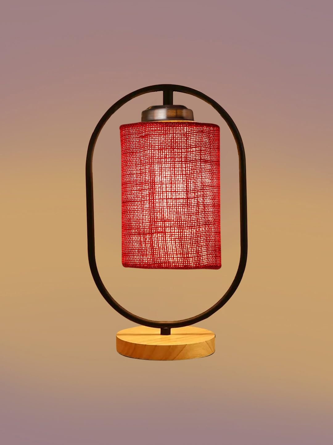 Maroon Jute Drum Wooden & Iron Table Lamp -17 Inch Height -L