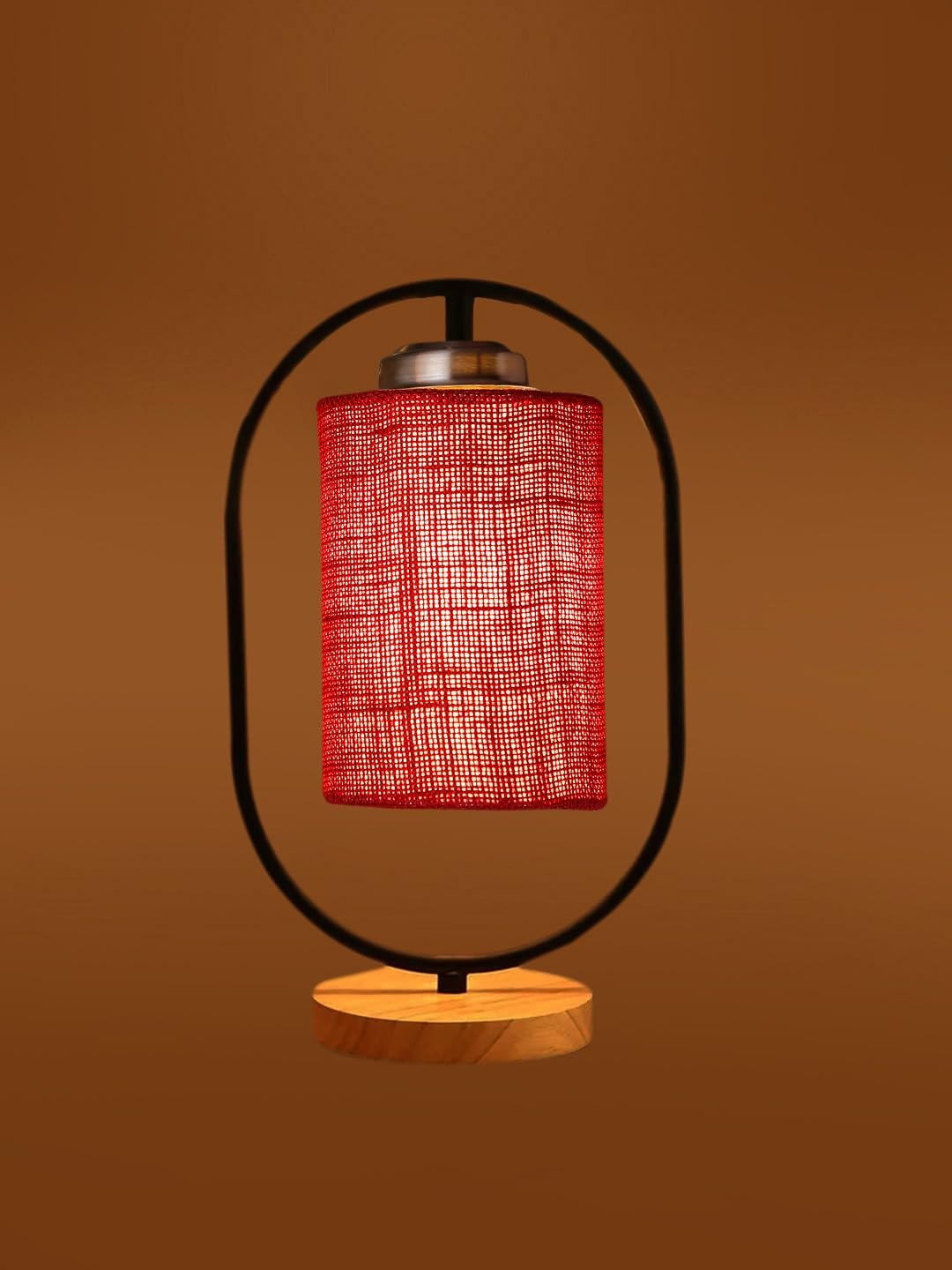 Maroon Jute Drum Wooden & Iron Table Lamp -17 Inch Height -L