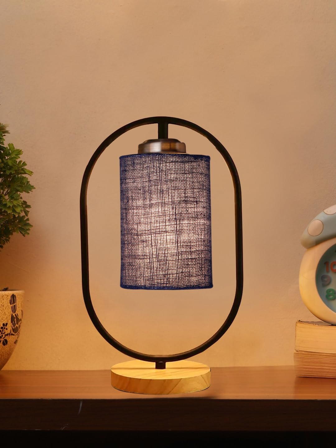 Blue Jute Wooden Floor & Iron Table Lamp -17 Inch Height -M