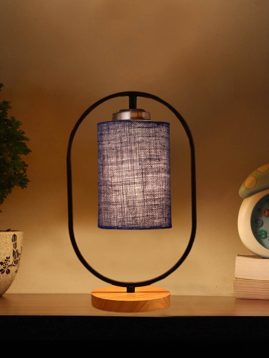 Blue Jute Wooden Floor & Iron Table Lamp -17 Inch Height -M