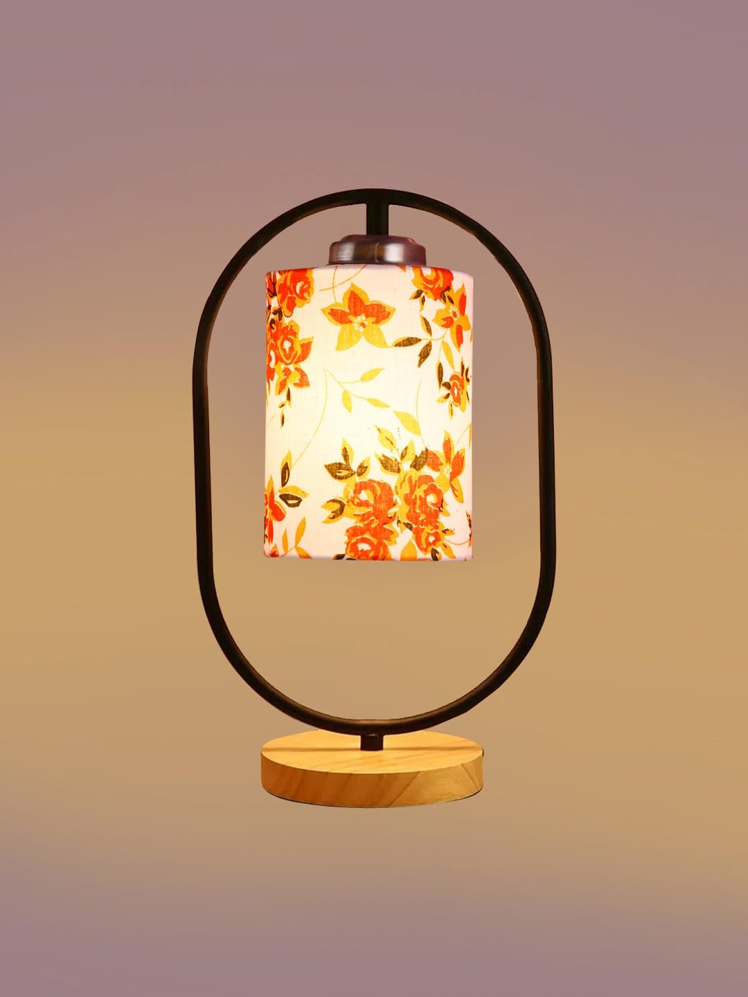 Printed Cotton Drum Wooden & Iron Table Lamp -17 Inch Height -0