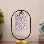 Printed Cotton Drum Wooden & Iron Table Lamp -17 Inch Height -P