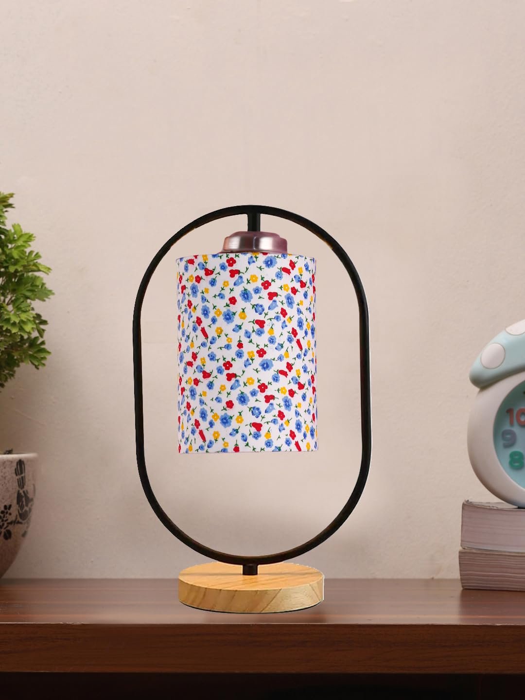 Printed Cotton Drum Wooden & Iron Table Lamp -17 Inch Height -P