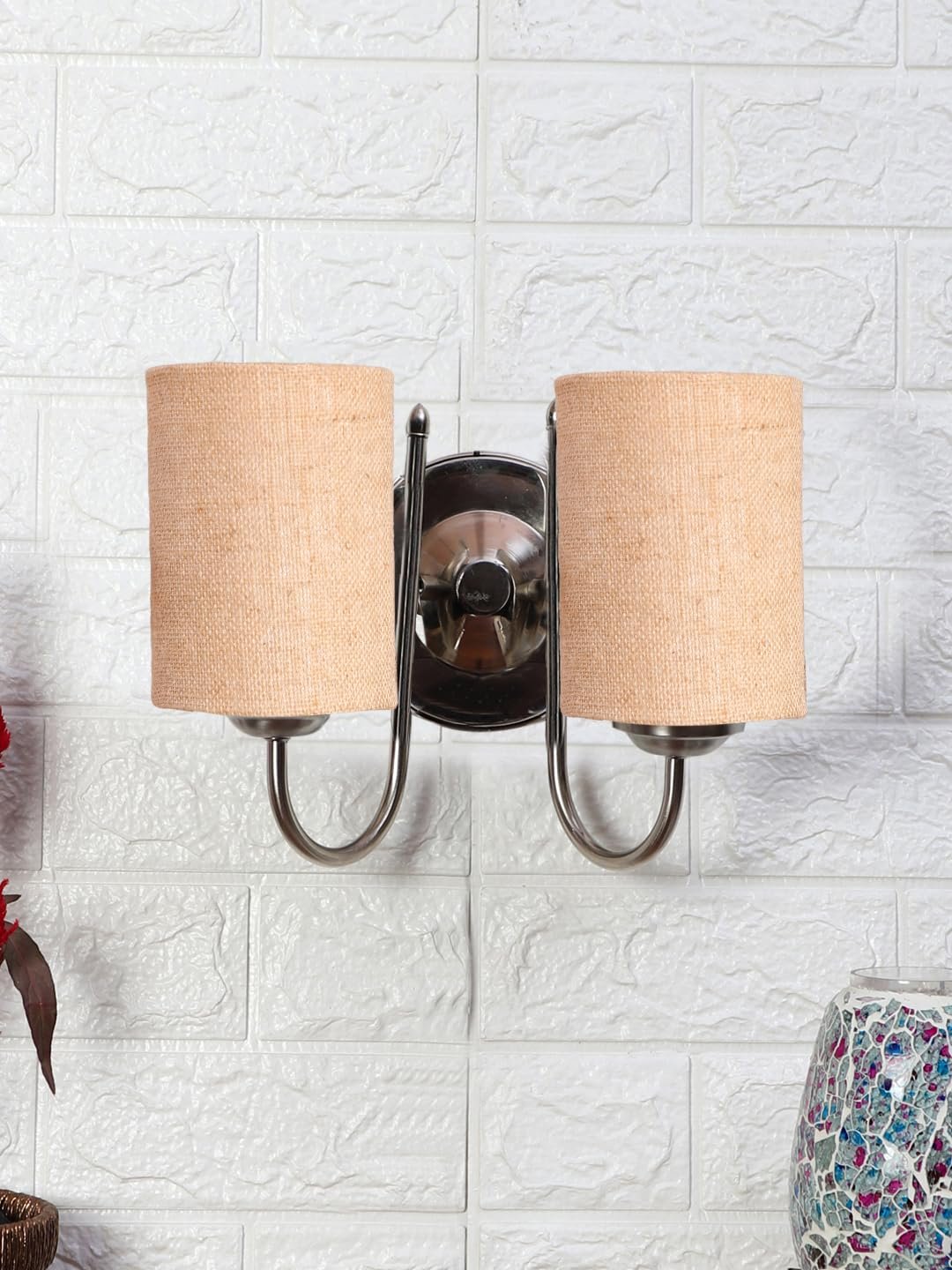 Printed Cotton Drum Wooden & Iron Table Lamp -17 Inch Height -P