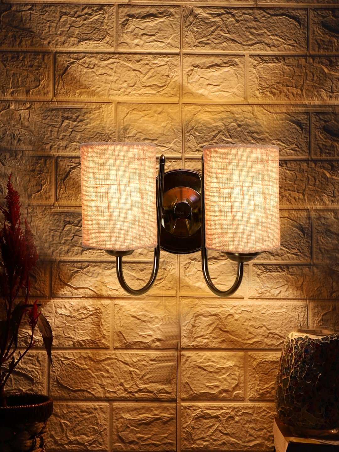 Printed Cotton Drum Wooden & Iron Table Lamp -17 Inch Height -P