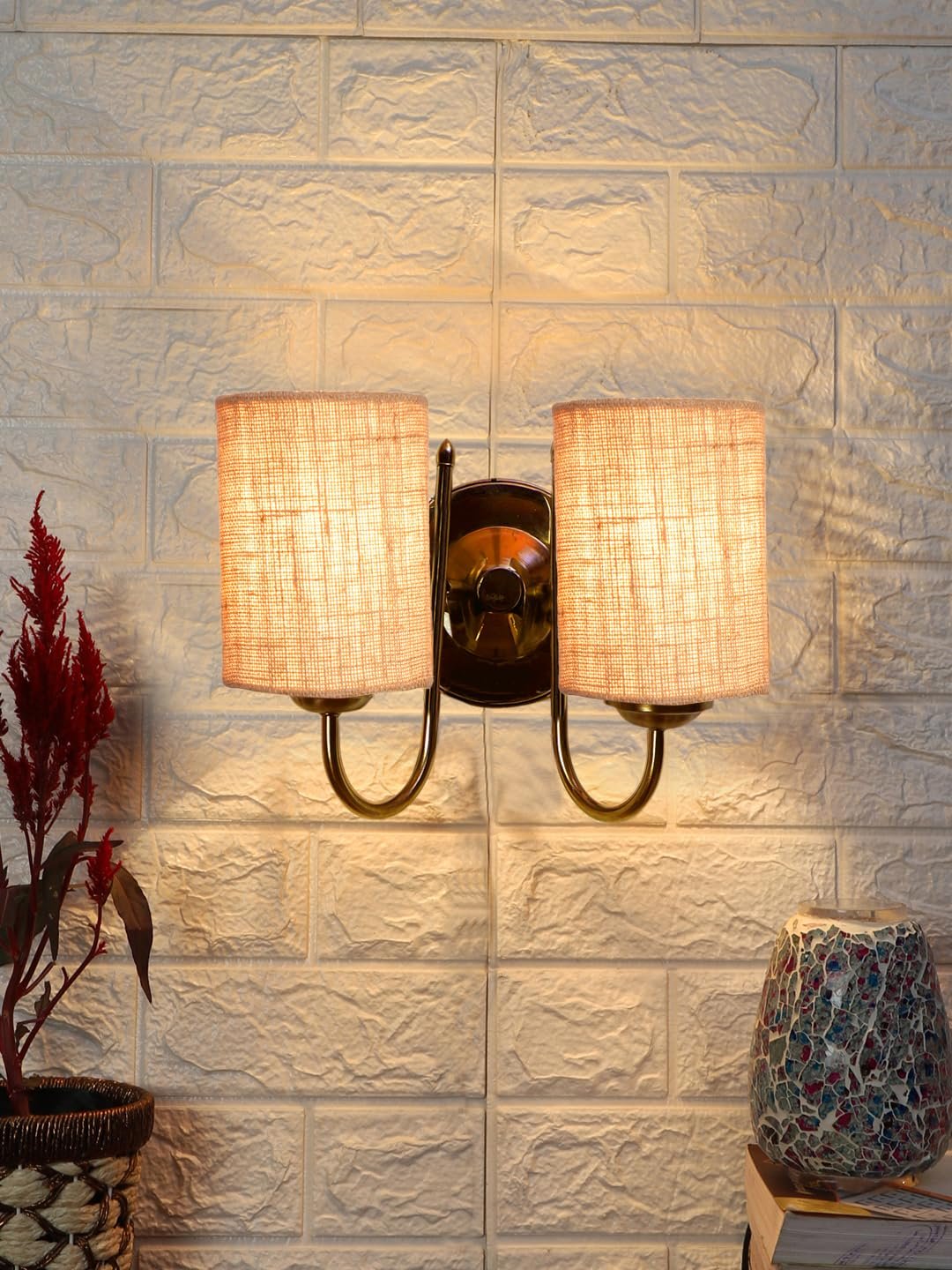 Printed Cotton Drum Wooden & Iron Table Lamp -17 Inch Height -P