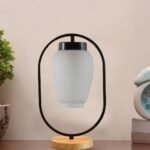 Milky Glass Wooden & Iron Table Lamp -17 Inch Height -Q