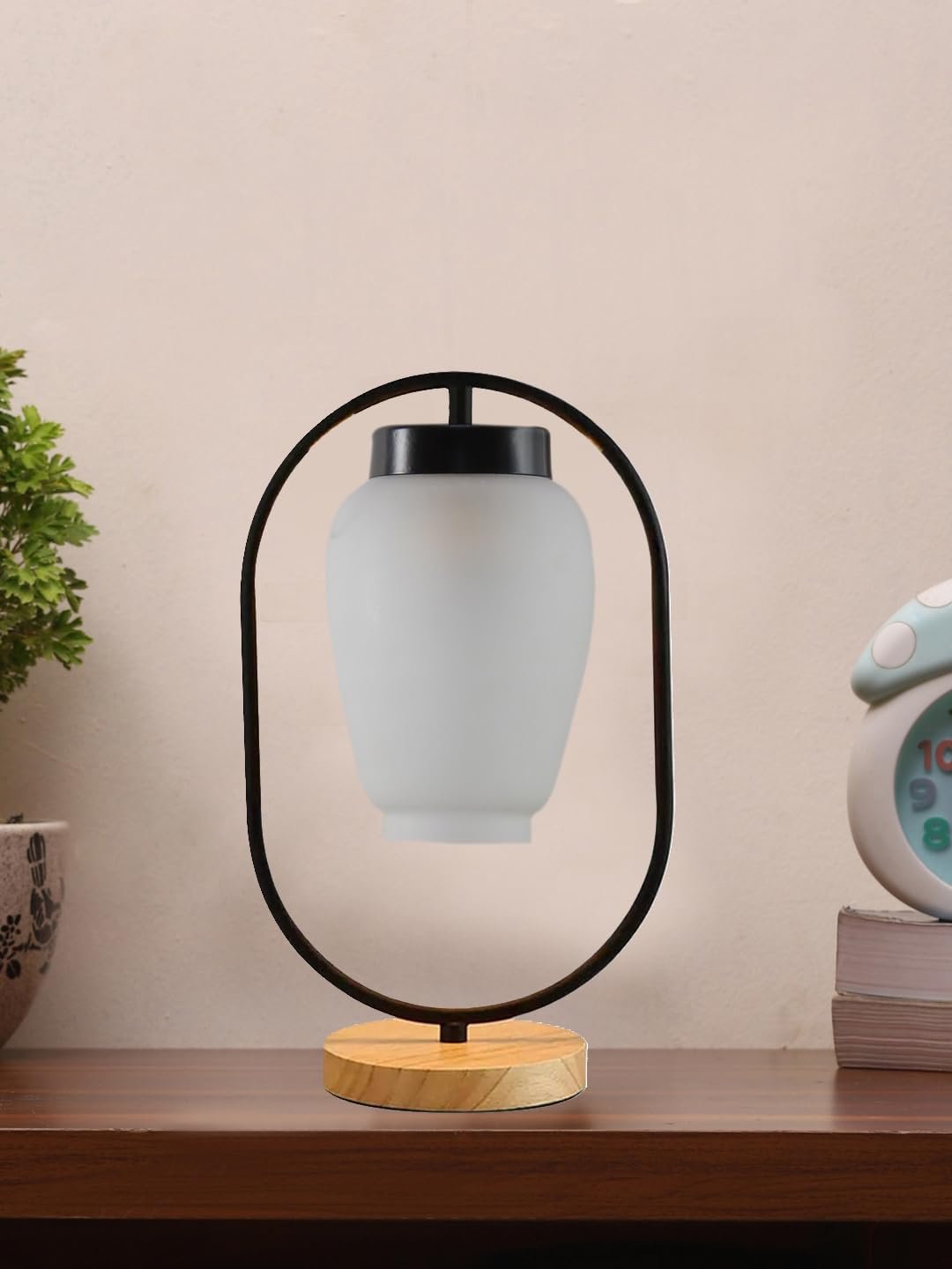 Milky Glass Wooden & Iron Table Lamp -17 Inch Height -Q