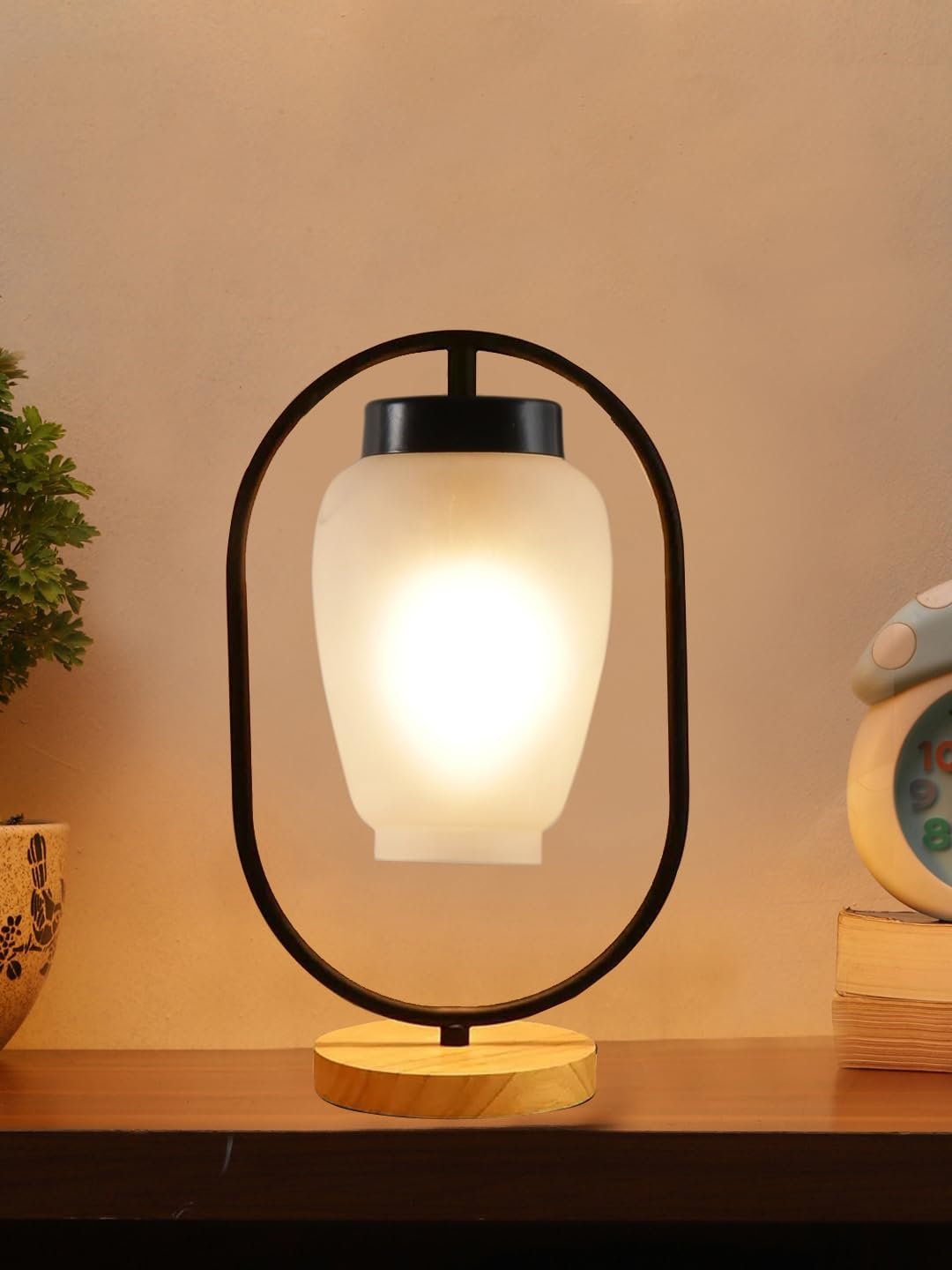 Milky Glass Wooden & Iron Table Lamp -17 Inch Height -Q