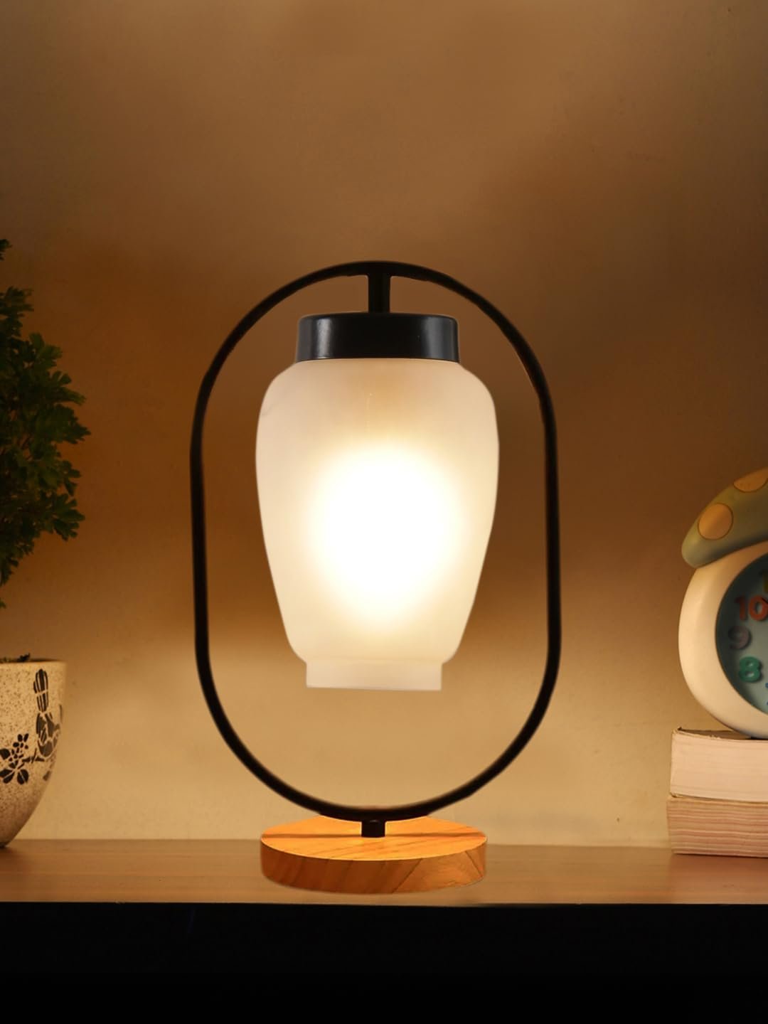 Milky Glass Wooden & Iron Table Lamp -17 Inch Height -Q