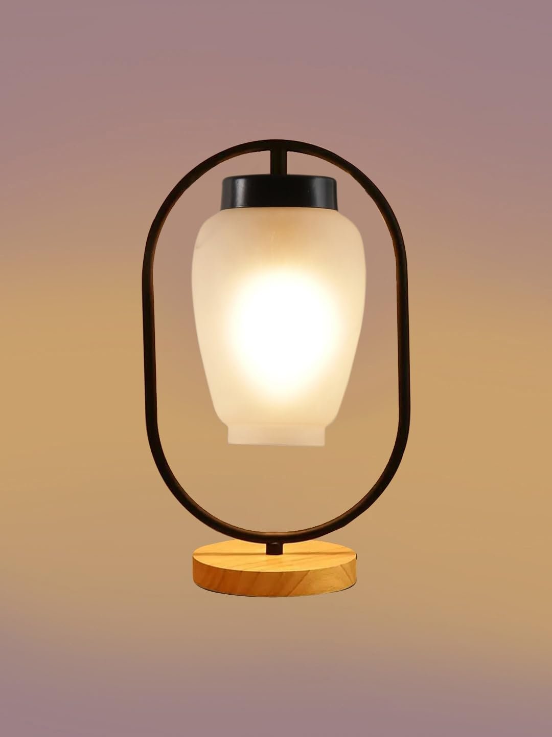 Milky Glass Wooden & Iron Table Lamp -17 Inch Height -Q