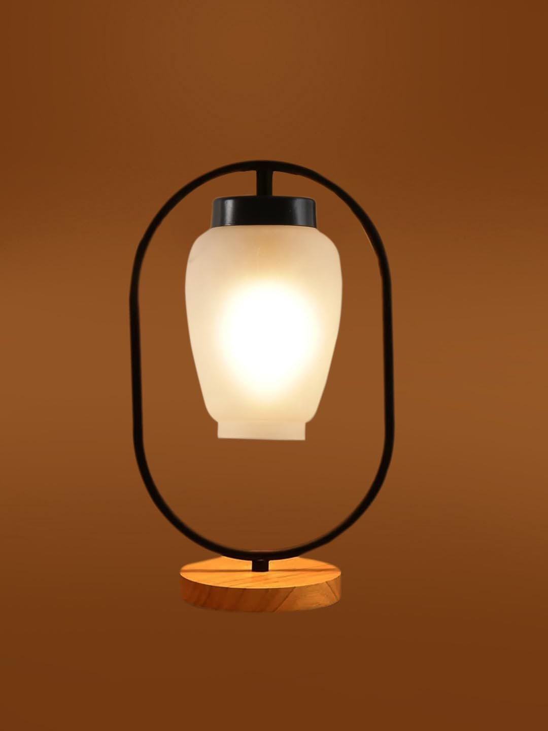 Milky Glass Wooden & Iron Table Lamp -17 Inch Height -Q